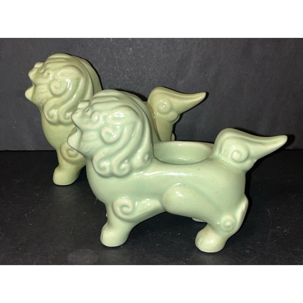 Pair MCM Oriental Foo Dog Tealight Candle Holders Khara Lions Vtg Green Asian
